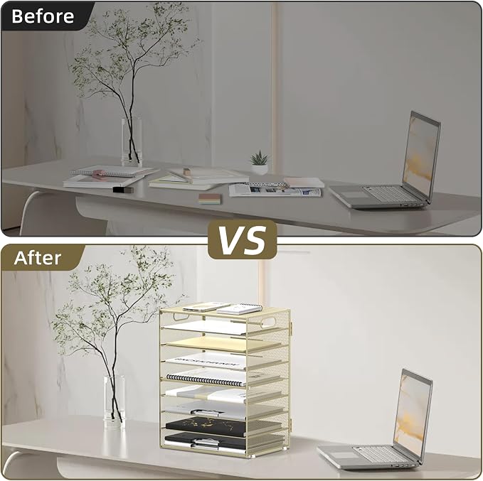 DALTACK 9-Tier Paper Organizer for Desk, Mesh Letter Tray Desk Organizer with Handles, Space-Saving File Organizer for Office Home School, Golden Yellow