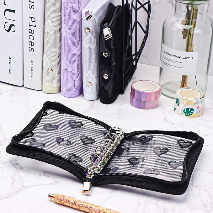Mogoostry A8 Zippered Binder Cover Clear PVC Zipper Binder Folder Lace Decor 5-Ring Loose-Leaf Notebook Planner Organizer (Black)