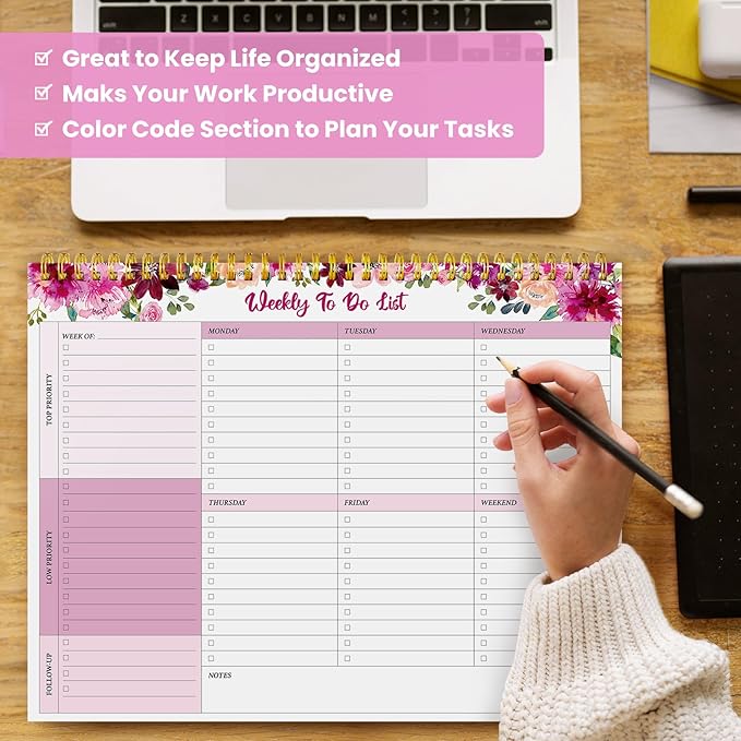 Weekly To Do List Notepad with 52 Undated Sheets（8.5"×11"）- Undated Weekly Planner Notepad for Office Desk Accessories and Supplies - Pink Whisper