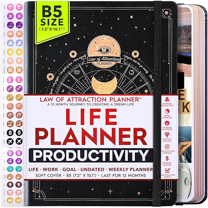 Deluxe Weekly and Monthly Planner | Law of Attraction Planner with Productivity App | 12-Month for Productivity, Gratitude & Goal Setting | Includes Foldable Vision Board, Gift Box & Stickers