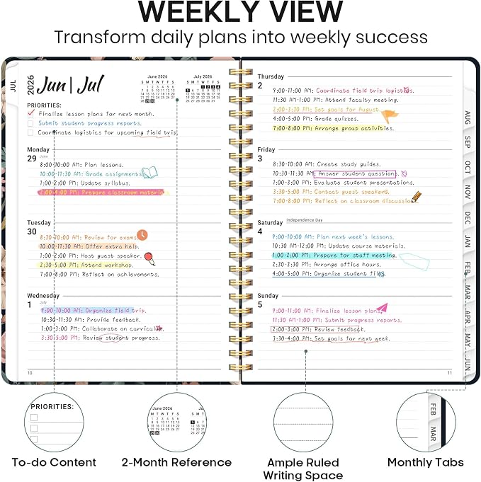 Academic Planner 2026-2027, Weekly and Monthly Calendar Book, July 2026 – June 2027, Hardcover Planner with Tabs, Perfect for Teachers, Students, Women & Men, A4 (8.5" x 11") - Evening Petals