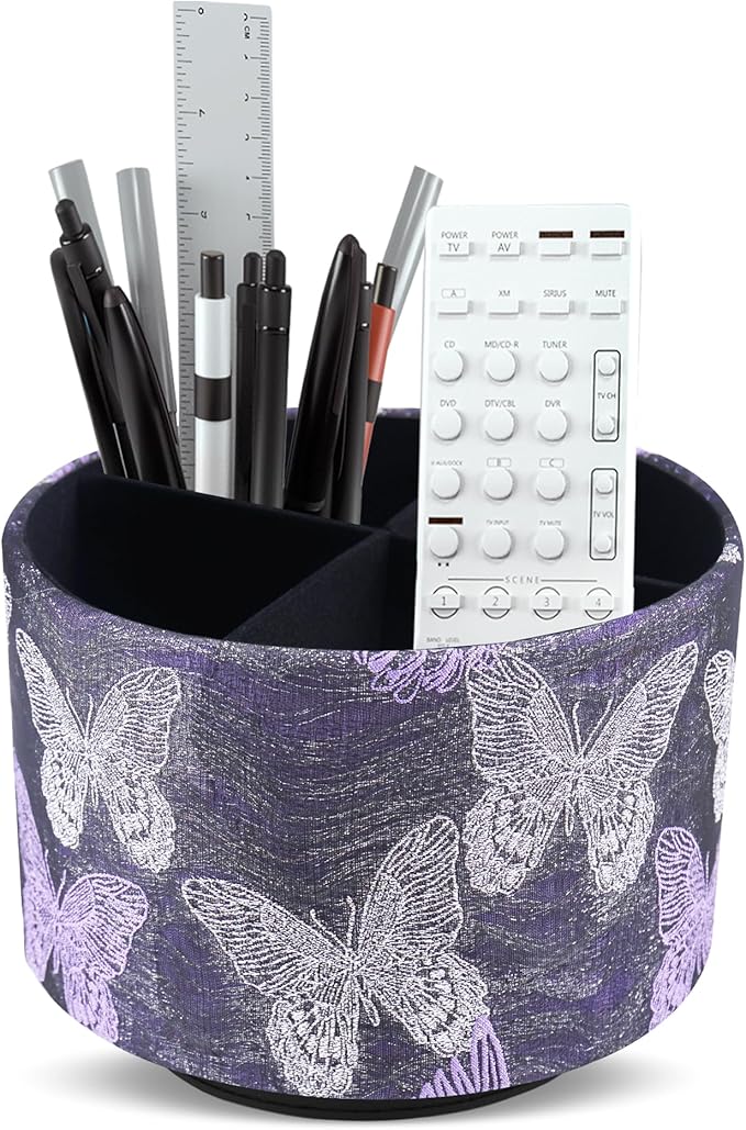 Round Leather Art Supply Organizer,Remote Control Holder,360-degree Rotating Pen Organizer with 4 Compartments(1-Butterfly Purple)
