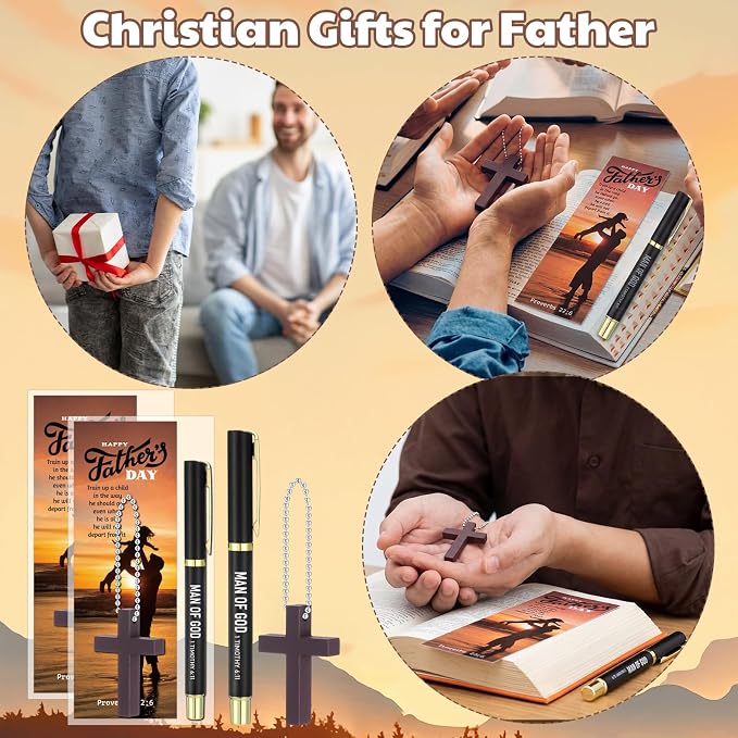 Motiskyy 24 Sets Father Day Gifts Bulk for Church Man of God Bible Verse Pens with Bookmarks Christian Cross Keychains Religious Baptism Gift Bulk for Church Pastor Men Dad