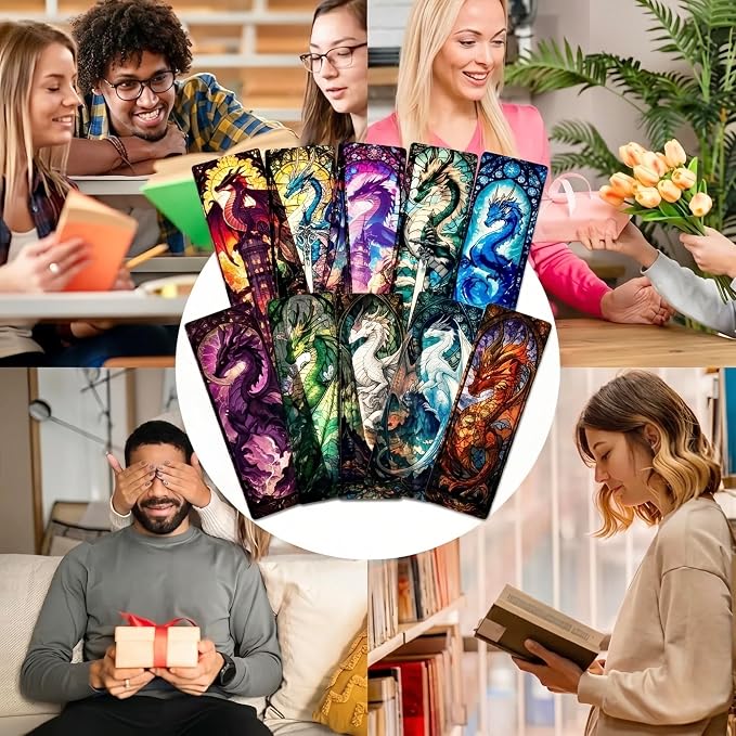 Fantasy Dragon Bookmark Gifts - 10 Pcs Cool Fourth Stained Glass Bookmarks for Men Women Book Lovers Sword Wing Page Marks Merch Bookish Birthday Graduation Gift School Reading Accessories