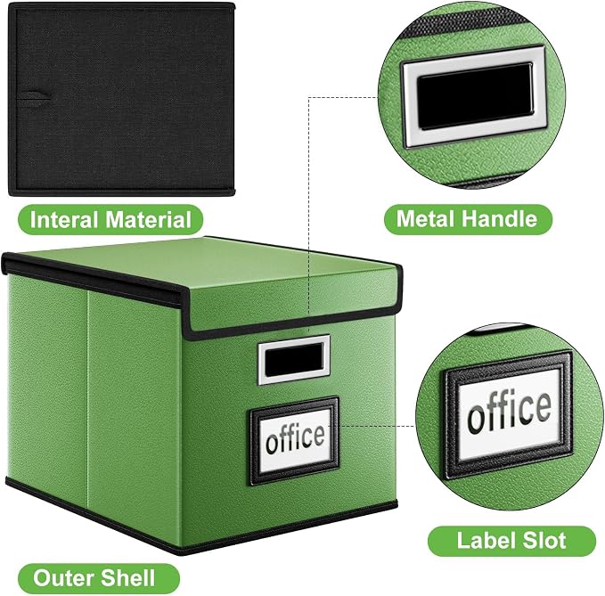 File Organizer Box with Lid, Collapsible Faux Leather Document Organizer, Hanging File Folder Box with Plastic Slide, Decorative Filing Boxes Cabinet for File and Folders Storage(Green)