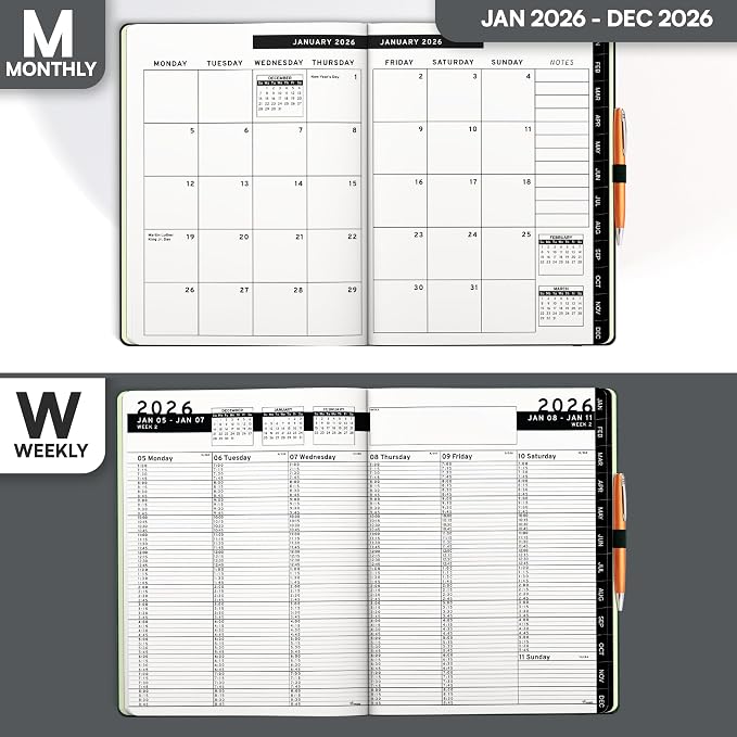 Ensight 2026 Hardcover Appointment Book & Planner 8.5" x 11" inches Large Tabbed Daily Hourly Weekly Planner Schedule Book 15 Minute time Slots Business & Personal Planner Jan 2026 Dec 2026 Black