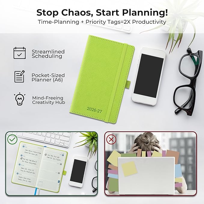 Weekly Monthly 2026-2027 Planner (July 26-Dec 27),6.5"x3.75",18 Months Agenda Plan with Month Tabs & Pocket,Expenses/Note Pages, Academic Calendar with Vegan Leather Cover,Wasabi Green