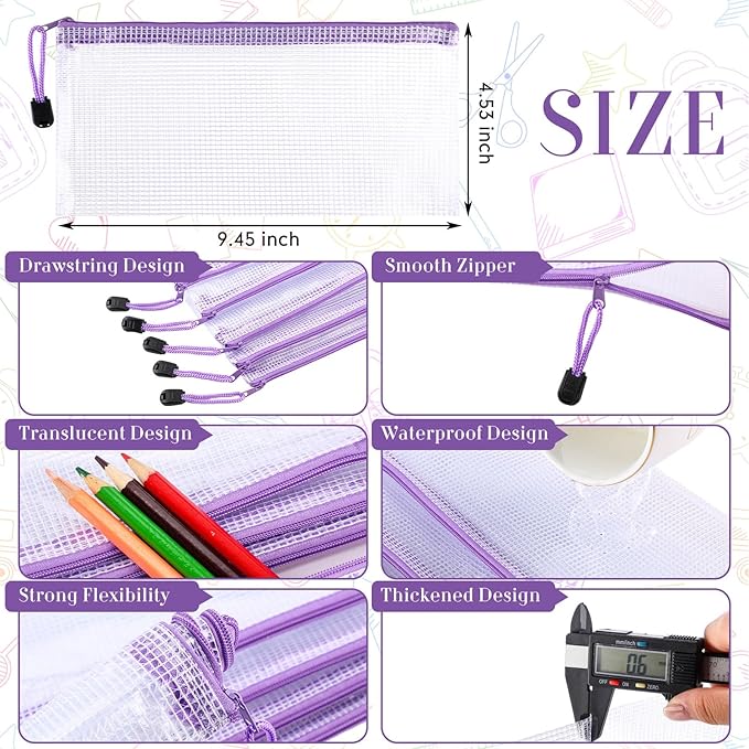 Sherr 120 Pcs Mesh Zipper Pouch A6 Pencil Pouches Bulk Small Clear Mesh Bags with Zipper 9.45'' x 4.53'' Waterproof File Bag Pencil Case for School Office Travel Organization(Purple)