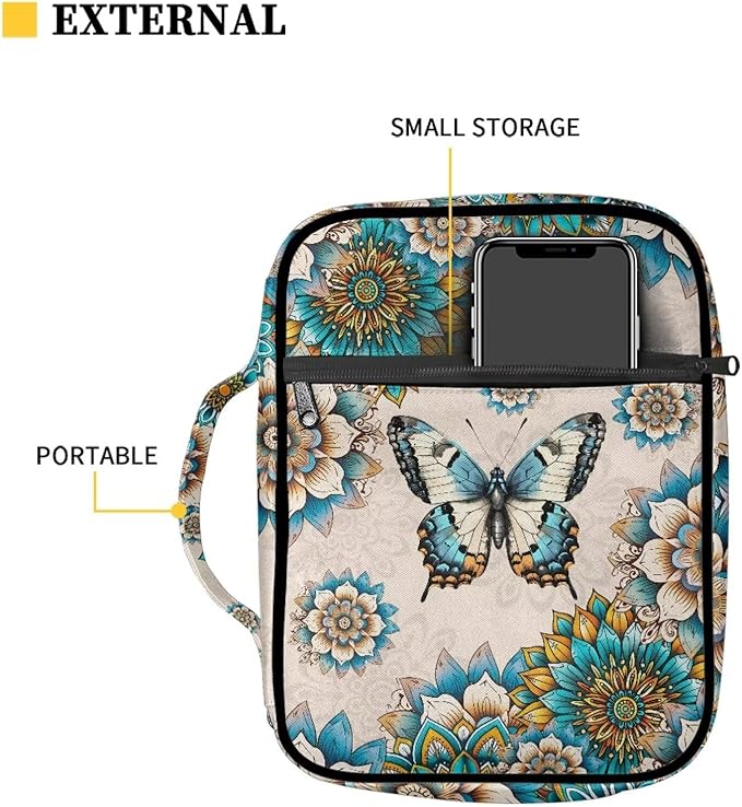 Suobstales Boho Butterfly Print Bible Cover Portable Carrying Book Case Multi-Functional Bible Organizer Case with Handle and Zippered Back Pocket