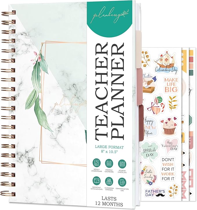 PLANBERRY Teacher Planner – Undated School Year Plan Book for Teachers with Calendars & Lesson Plans – Planner for Classroom Organization & Homeschool – 8”x10.5” Hardcover (Natural Green)