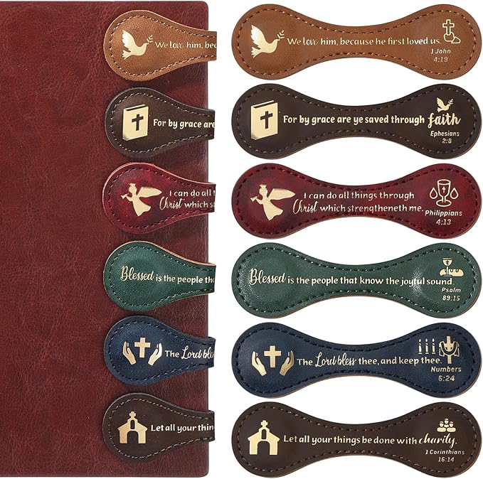 Spakon 6 Pcs Christian Fathers Day Magnetic Bookmark Gifts Bible Bookmarks Religious Personalized Magnetic Leather Book Marker for Men Women Coworkers Teachers Students(Dark Color,Elegant)