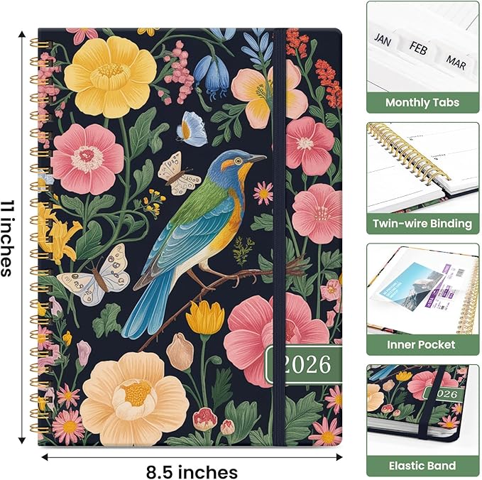 2026 Planner, Weekly and Monthly Calendar Planner for Women, Jan 2026 - Dec 2026, Hardcover Planning Agenda book with Tabs, Spiral Bound, Inner Pocket, Perfect for School Office Supplies, 8.5" x 11" - Garden Bird