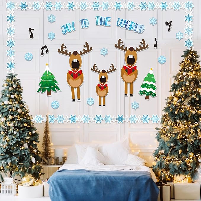Fuutreo 62 Pcs Christmas Bulletin Board Decoration Christmas Reindeer Music Classroom Bulletin Board Sets Joy to The World Snowflakes Paper Cutouts for Xmas Party Supplies School Winter Holiday Decor