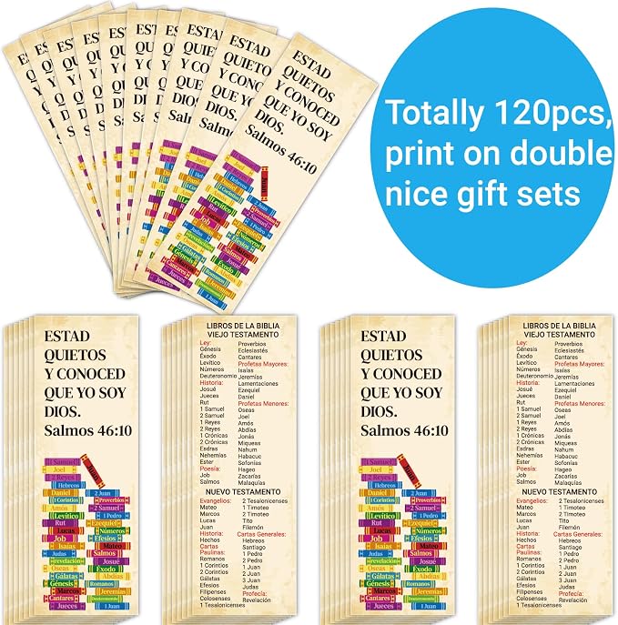 120pcs Spanish Books of The Bible Bookmarks Religious Christian Bookmarks Bible Verse Scripture Reading Bookmark Prayer Gospel Tracts for Evangelism Church Office Home Gifts (LIBROS DE LA BIBLIA)