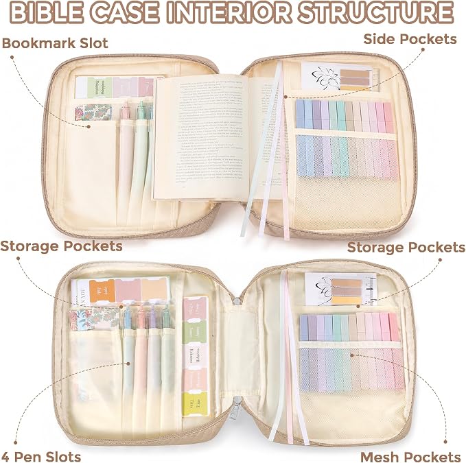 XKDOUS Bible Cover Case for Women, Large Bible Cover with Durable Handle, Washable Quilted Bible Case, Bible Study Supplies & Christian Gifts for Mom, Women, Men (Khaki)