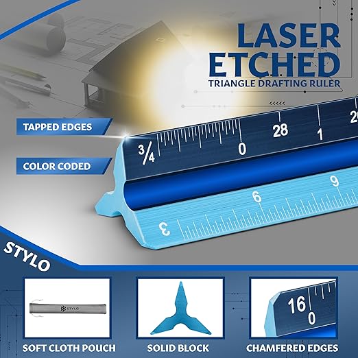 12" Aluminum Architect Scale Ruler Laser Etched Triangle Drafting Ruler, Color Coded Grooves for Blueprint, Drafting and Drawing, Architectural Scale Ruler for Blueprints (Light Blue, Imperial Units)