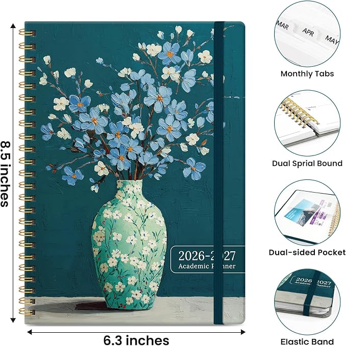 Planner 2026-2027, Monthly and Weekly Academic Planner July 2026 - June 2027, Hardcover Student Teacher Planning Agenda Calendar Book with Tabs, Perfect for Office School Supplies, A5 (6.3" x 8.5") - Teal Blooms