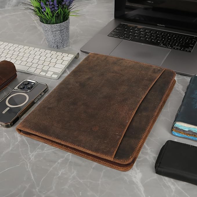 KomalC Leather Portfolio with Zipper Closure | Business Padfolio for Documents, Tablets & Accessories | Vintage Full-Grain Leather Organizer for Professionals