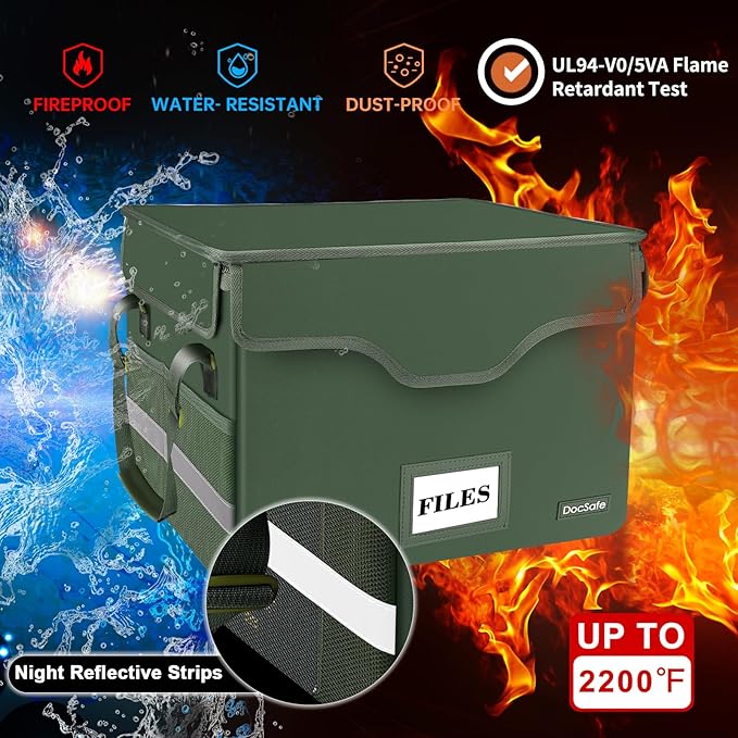 DocSafe Fireproof Document Box with Lock,File Storage Organizer with Mesh Pockets＆Lid,Collapsible Portable File Box Home Office Safe Filing Cabinet with Handle for Hanging Letter/Legal Folder,Green