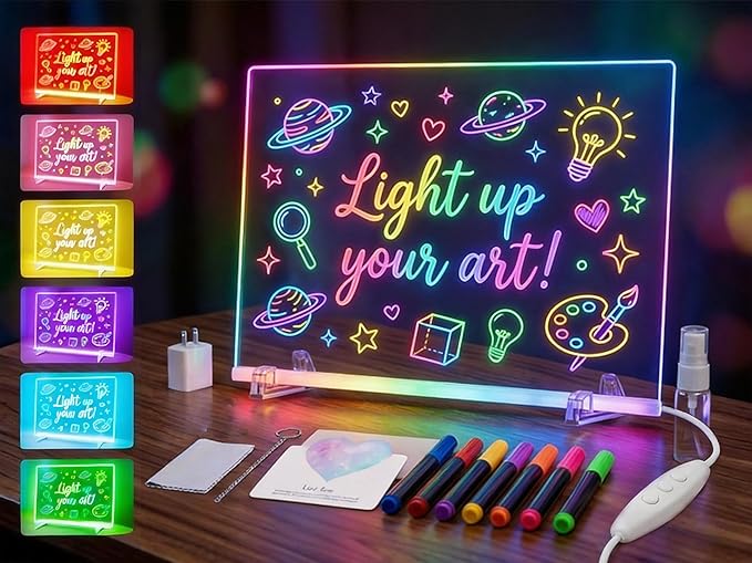 LED Light-Up Note Board with 7 Colors, 13"x10" Drawing Tablet for Kids, Includes Markers, Adapter, Cleaning Cloth & Hanging Chain, Reusable Dry Erase Message Board, Greeting Card,Gifts for Kids Age 3+