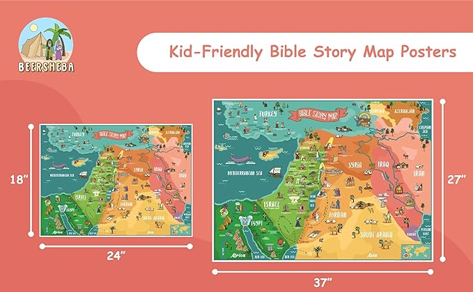 Bible Story Map Poster – Large Double-Sided (27" x 37") Sunday School Decorations for Classroom - Biblical Map of Israel and Holy Land for Bulletin Board – Includes Educational Games & Memory Activities on one side. 70 illustrated Bible Story Images an...