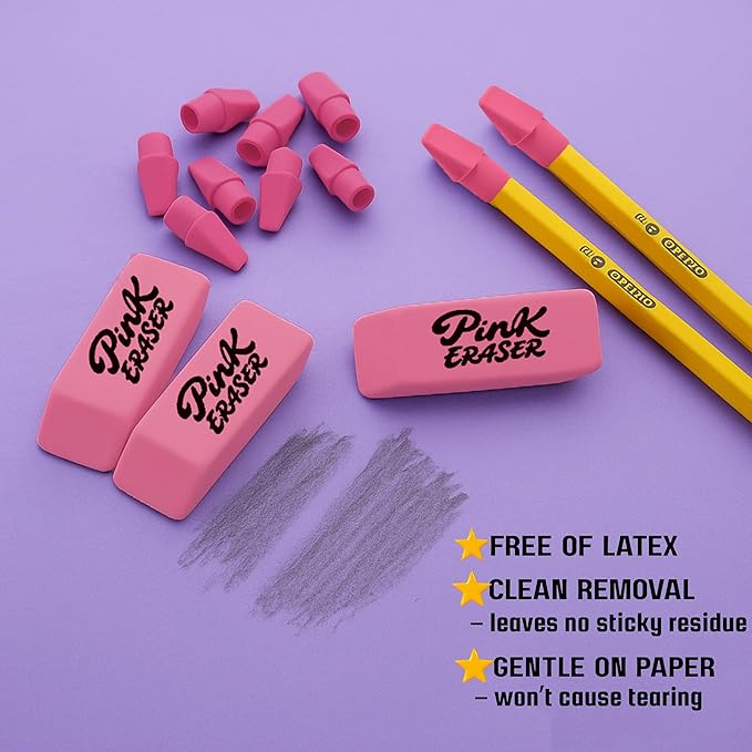 30 Pcs Pink Eraser Bulk Set – 6 Block Erasers and 24 Pencil Top Erasers, Smudge-Free, School Supplies for Students, Teachers, Drawing, Office, Homework Use (Pink)