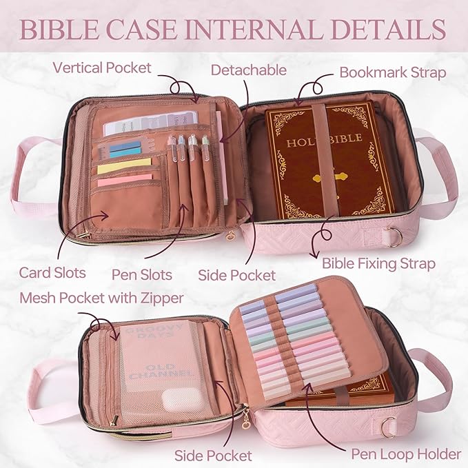 Bible Cover Case for Women Elegant Carrying Bag with Handles & Shoulder Strap Large Bible Storage Bag–Includes Bible Study Supplies, Highlighters(Pink, L)