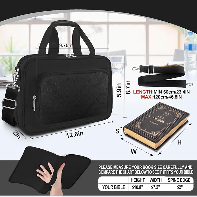 Large Bible Cover Case for Mens Boys Women Organizer, Church Bag Book Carrying Case with Highlighters Shoulder Strap Pens Cross Clip Study Supplies Journaling Kit, Christian Gifts Black