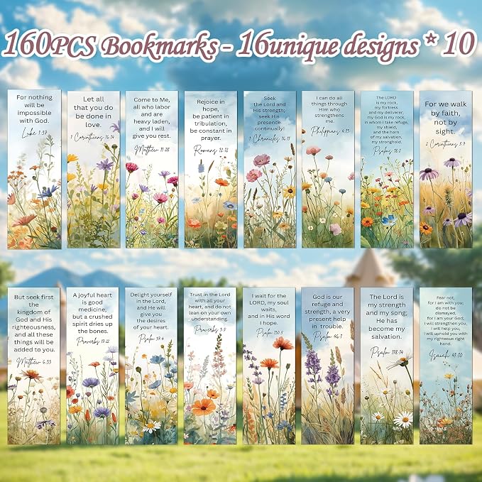 Bible Verse Bookmarks Gifts - 160 Pcs Flower Scripture Bookmark Christian Religious Book Mark Page Clips Inspirational Gift for Women Men Church Book Lovers Student Teacher Bookish Supplies