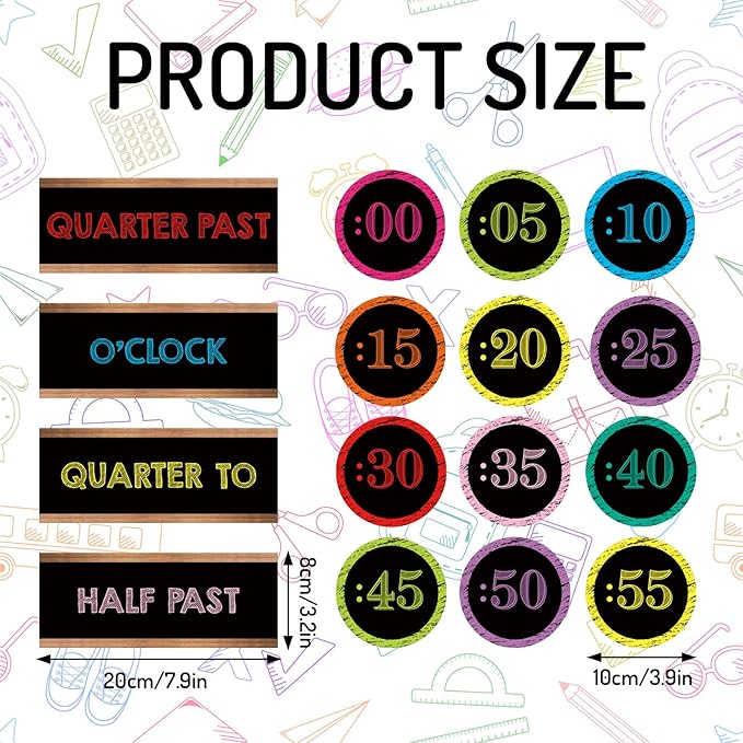 FYSUIMU 16 Pcs Telling Time Bulletin Board Decorations Back to School Colored Black Clock Numbers Labels Classroom Decor with Glue Points Teaching Clock for Kids First Day of School Teacher Supplies