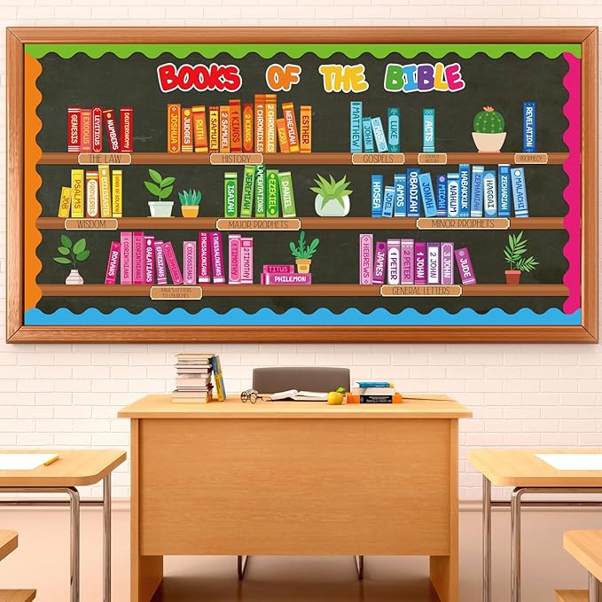 FYSUIMU Bible Learning Bookshelf Bulletin Board Decorations Christian Classroom Decor Back to School Bookshelf Cutouts for Sunday School Classroom Chalkboard Wall Decor