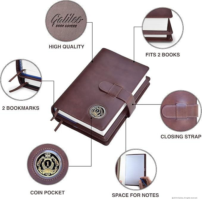 GALILEO® Double AA Big Book Cover & 12 Steps & 12 Traditions | Medallion Holder | AA Gift | Alcoholics Anonymous | PU Leather | AA Book Covers for Hardcover (Plain/Coin Pocket/Brown)