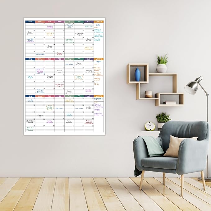 Large Dry Erase Calendar for Wall – Undated 3 Month Calendar, 28" x 40", Yearly Wall Calendar Dry Erase, Large Erasable & Reusable Calendars with 8 Round Stickers