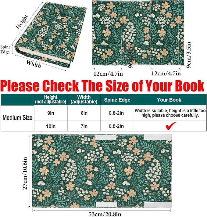 Floral Book Cover Protector for Paperback, Adjustable Soft Canvas Fabric Book Cover with Pocket Bookmark, Double-Sided Flower Printed Book Dust Jacket Covers for Hardcover Book Lovers Gift