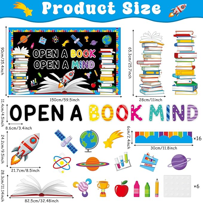 Reading Bulletin Board Set Open A Book Open A Mind Classroom Bulletin Board Decorations Books Paper Cutouts for Back to School Reading Day Classroom Library Office Home Wall Door Supplies