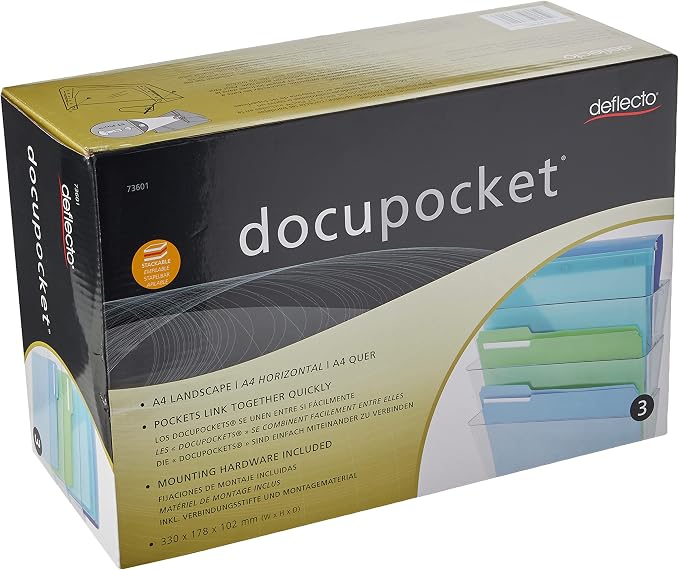 Deflecto Office DocuPocket, Wall File Organizer, Stackable, Letter Size, Clear, 13" W x 7" H x 4" D, 3 Count