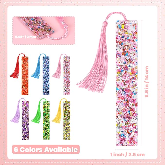Leezmark 6 Pcs Resin Glitter Bookmarks with Colorful Silk Tassels, Transparent Acrylic Unique Bookmarks for Kids Reading, Cool Book Accessories for Book Lover Gifts (6 Colors)