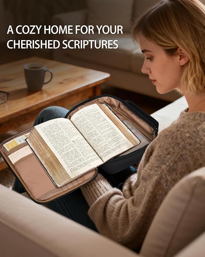 Bible Cover Case for Women, Large Quilted Puffer Bible Bag with Shoulder Strap, Womens Book Carrying Case for Church, Cute Bible Carrier Study Supplies Gifts for Christian Lady, Black