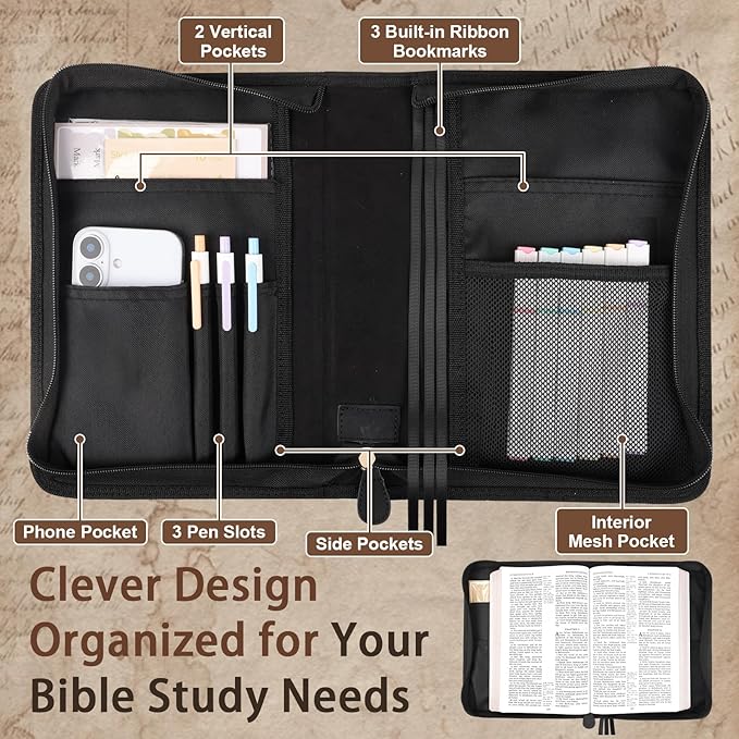 Classic Leather Bible Cover Case with Cross Design and Handle for Men Women, Durable Bible Study Supplies Organizer Carrying Bag, Perfect Christmas Gifts for Christians with Gift Box（Black