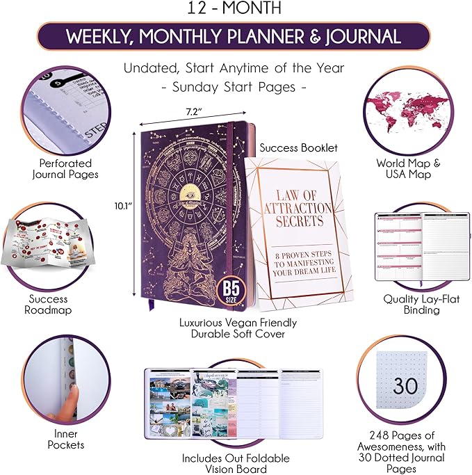 Deluxe Weekly and Monthly Planner | Law of Attraction Planner with Productivity App | 12-Month for Productivity, Gratitude & Goal Setting | Includes Foldable Vision Board, Gift Box & Stickers