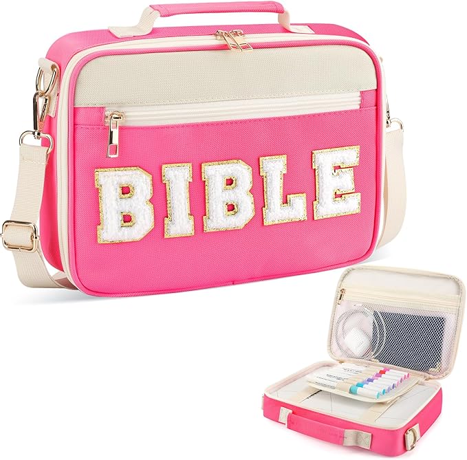 Bible Cover Case for Women Grils, Preppy Bible Bag with Adjustable Shoulder Strap, Waterproof Bible Carrying Tote Bags Holder for Bible Study Supplies Accessories & Christian Gifts (Rose Red)