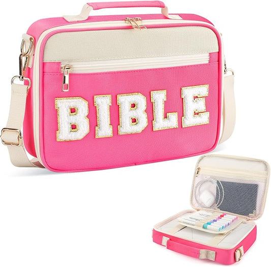 Bible Cover Case for Women Grils, Preppy Bible Bag with Adjustable Shoulder Strap, Waterproof Bible Carrying Tote Bags Holder for Bible Study Supplies Accessories & Christian Gifts (Rose Red)