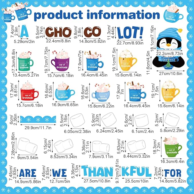 Funrous 51 Pcs Winter Bulletin Board Set Classroom Decor Winter Bulletin Boards We are Thankful for a Chocolate Lot Penguin Latte Paper Cutouts for Christmas Holiday School Classroom Home Wall Decor