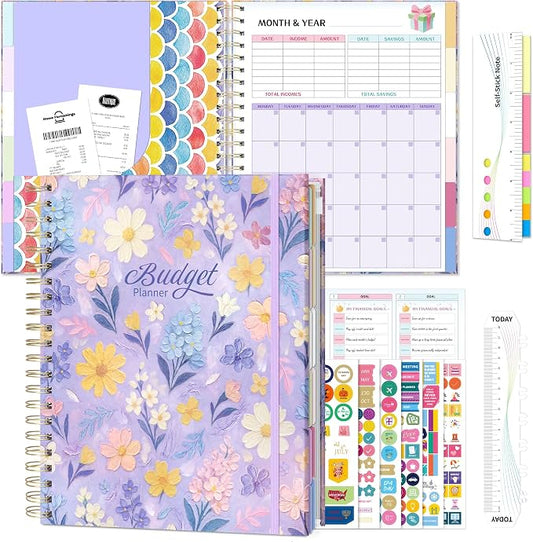 Ospelelf Budget Planner Undated, Money Expense Tracker with Pocket & Stickers, Thick Cardboard Cover, Large Pages for Spacious Writing, Original Fun Colorful Design, 12 Month Financial Notebook, Purple Floral