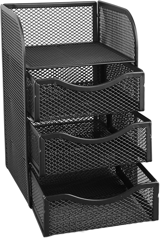 Desk Organizer with 3 Drawers Metal Mesh Slip Desktop Organizer for Office Supplies Stationery Black Office Products Desk Accessories Organizers Desk Supplies Holders
