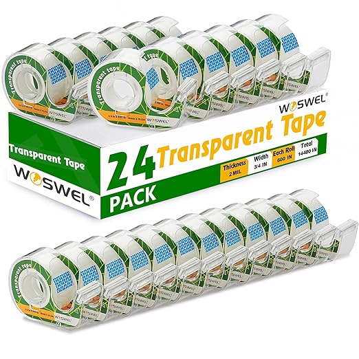 WOSWEL Tape Refills with Dispenser, 24 Roll Transparent Tapes, 3/4 Inch X 600 in, Gift Wrapping Tapes Supplier for Home School Office Use
