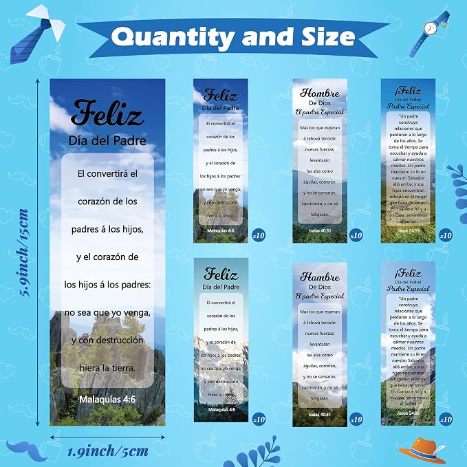 TICIAGA Father's Day Christian Bookmark - 60Pcs Spanish Religious Christian Bookmarks with Inspirational Verse, Man of God Masculine Bible Verse Page Marker for Dad, Church Study