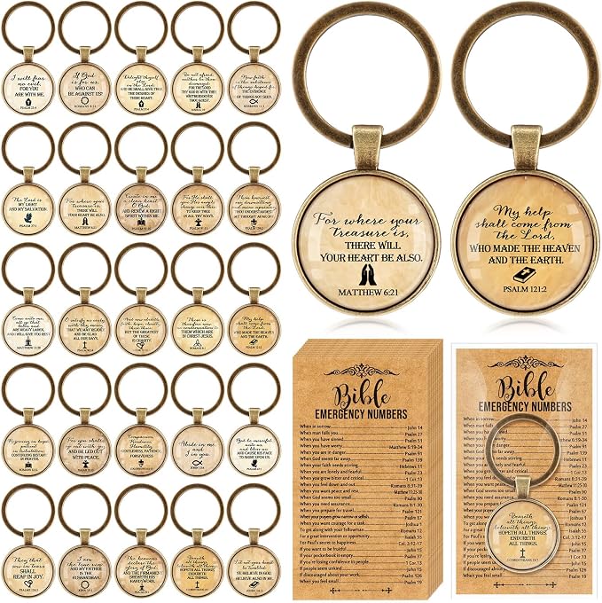 Junkin 25 Set Christian Keychain Gift Bulk for Men Fathers Day Church Bible Emergency Numbers Bookmark Bible Verse Keychain for Men Women Father Friends Coworkers (Vintage)