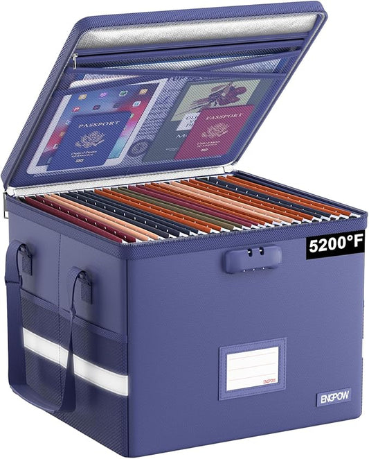 ENGPOW 5200°F File Box Fireproof Document Box with Lock,Heat Insulated Collapsible File Storage Organizer Box with Handle,Portable Home Office File Cabinet for Hanging Letter/Legal Size Folder, Blue