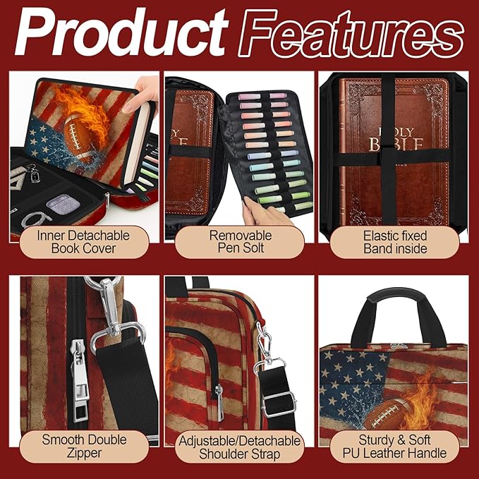 American Flag Football Bible Cover Case for Men Boys, Rugby Large Kids Bible Bag Book Carrying Case with Handle Zipper Pocket, Bible Study Supplies Journaling Kit Highlighters Pens Cross Clips